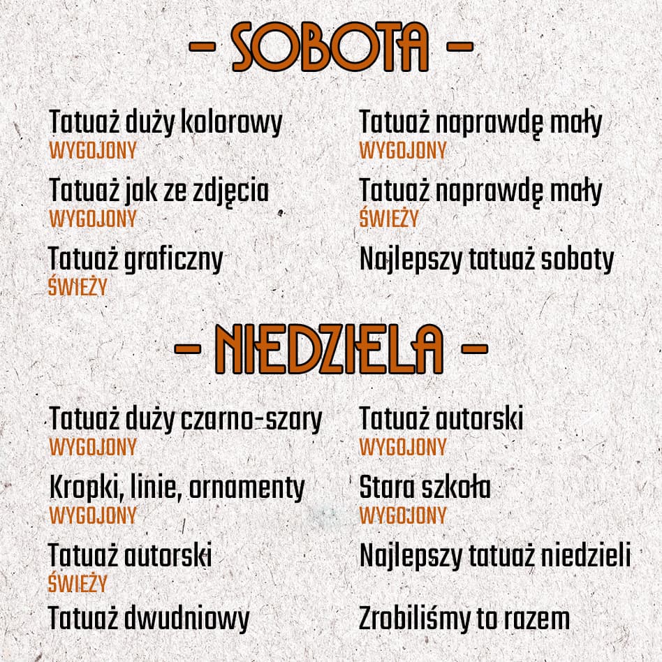 KONKURSY NA NAJLEPSZE TATUAŻE - kategorie